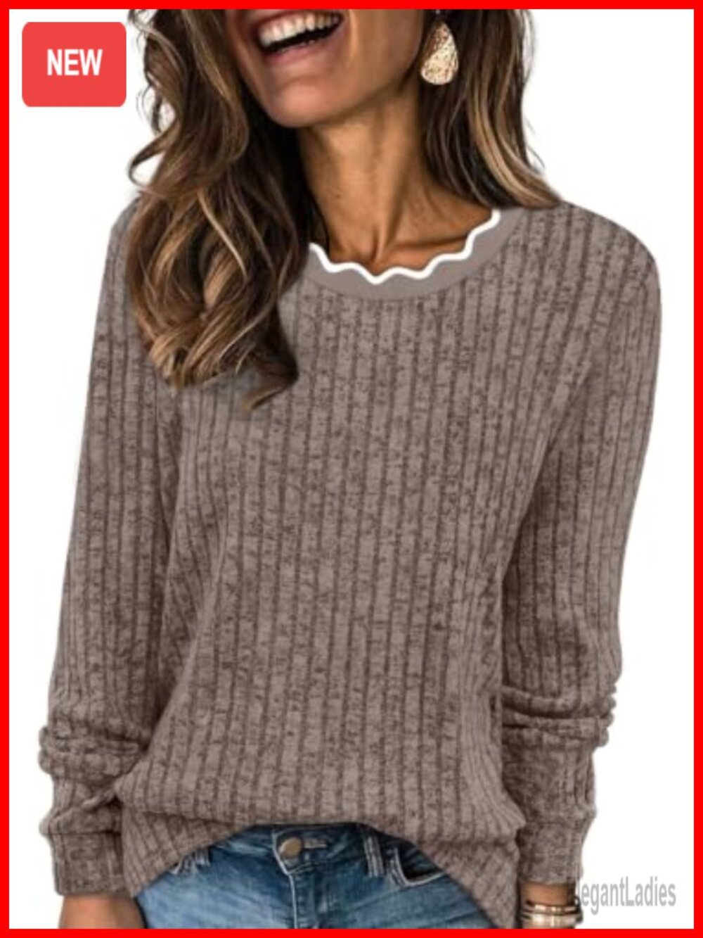 Womens Long Sleeve Scallop Neck Tunic Lightweight Soft Fall Sweater Top